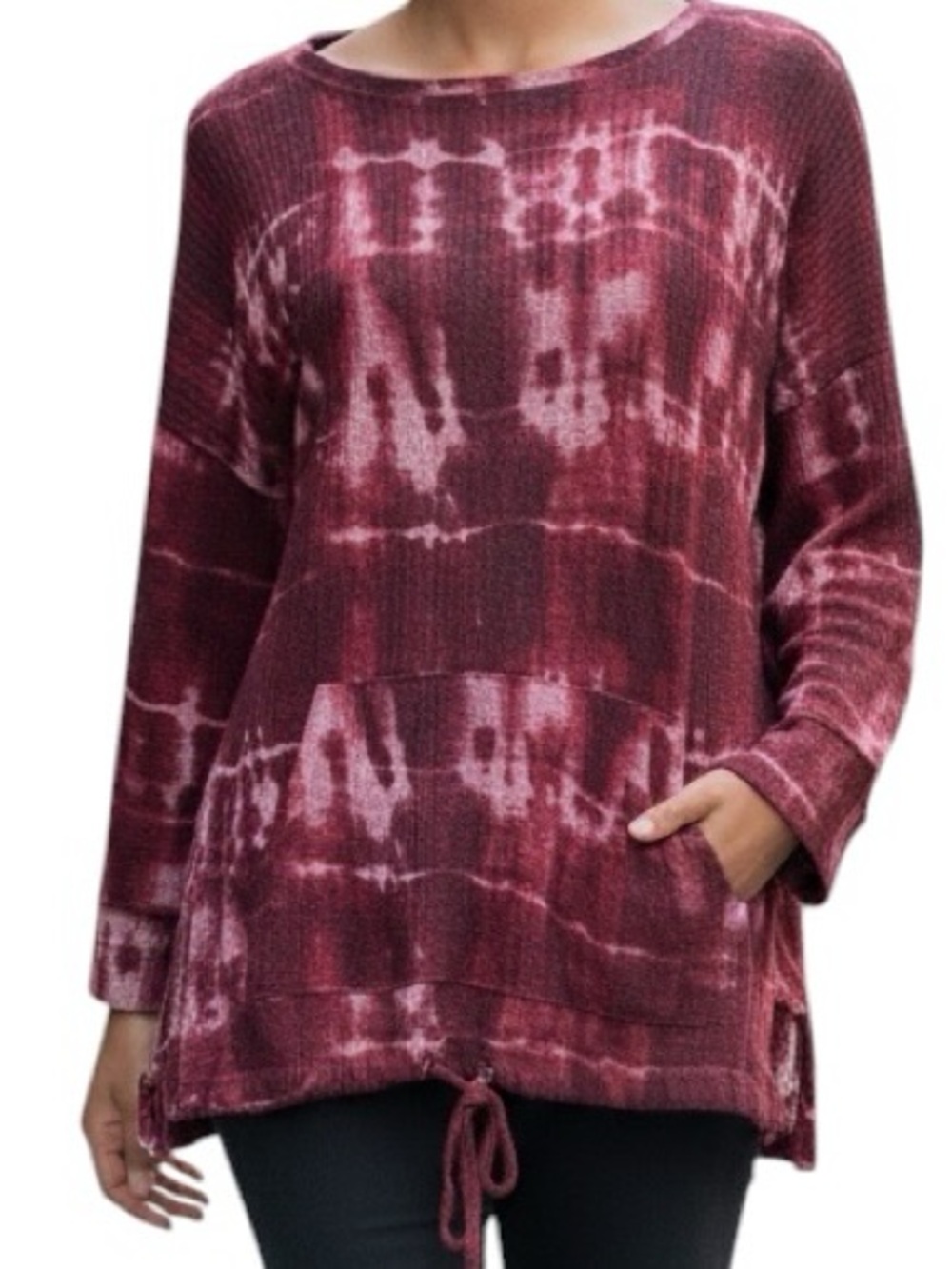 French Laundry Maroon Tie-Dye Drawstring Hem Pullover Waffle Knit Size Large